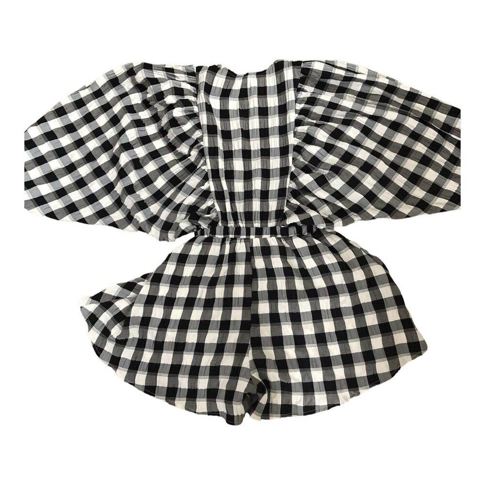 Maple Womens V Neck Gingam Checkered Puff Sleeve Beach Romper‎ Size Sz Med - Picture 8 of 12